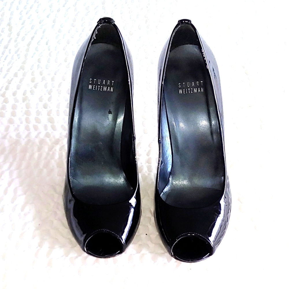 Stewart Weitzman Black Patent Leather  Peep-Toe Heels